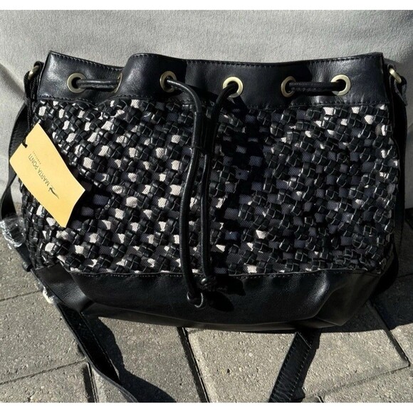 Marta Ponti Portugal Black Leather Woven Crossbody Bag Tan Fabric Great Gift NWT - Picture 13 of 13